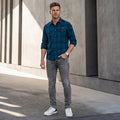 Full Sleeves Slim Fit Petrol Blue Brushing Cord Double Pocket Checks Shirt