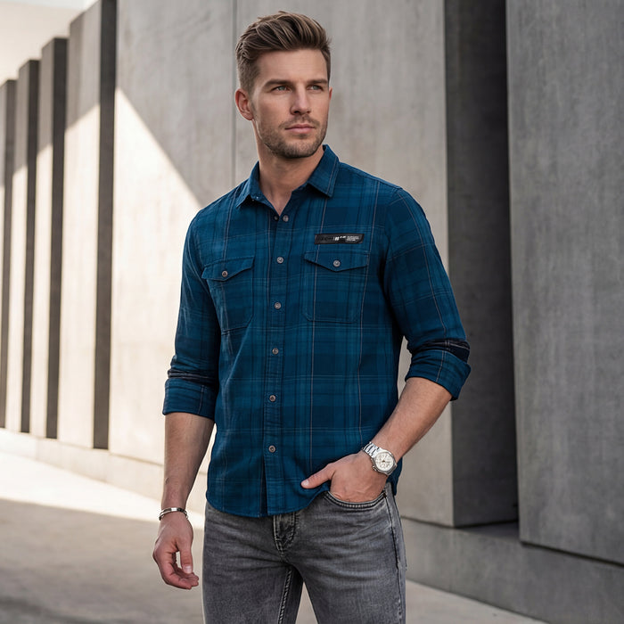 Full Sleeves Slim Fit Petrol Blue Brushing Cord Double Pocket Checks Shirt