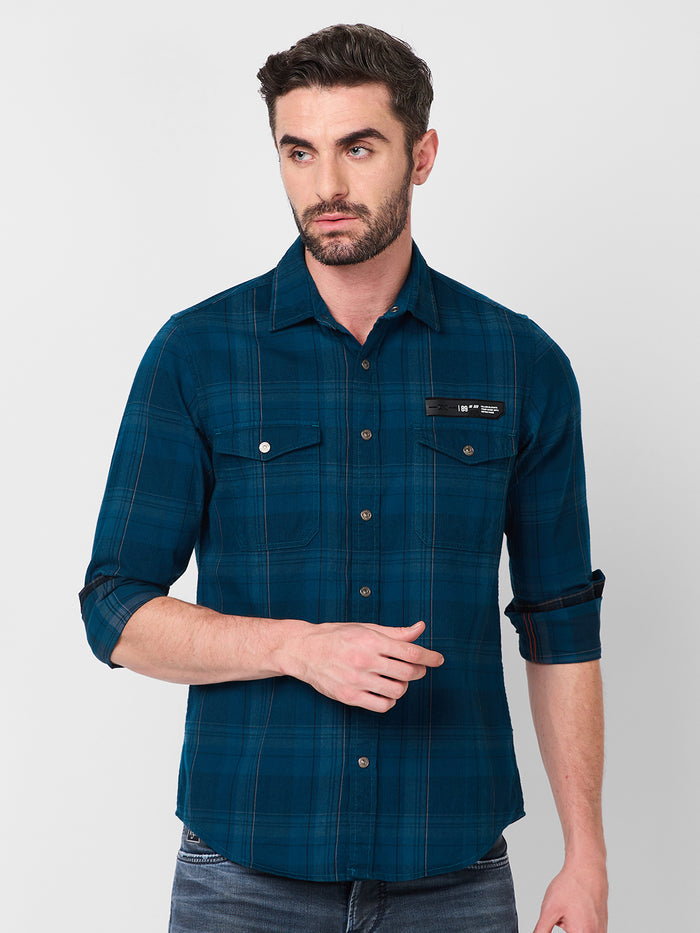 Full Sleeves Slim Fit Petrol Blue Brushing Cord Double Pocket Checks Shirt