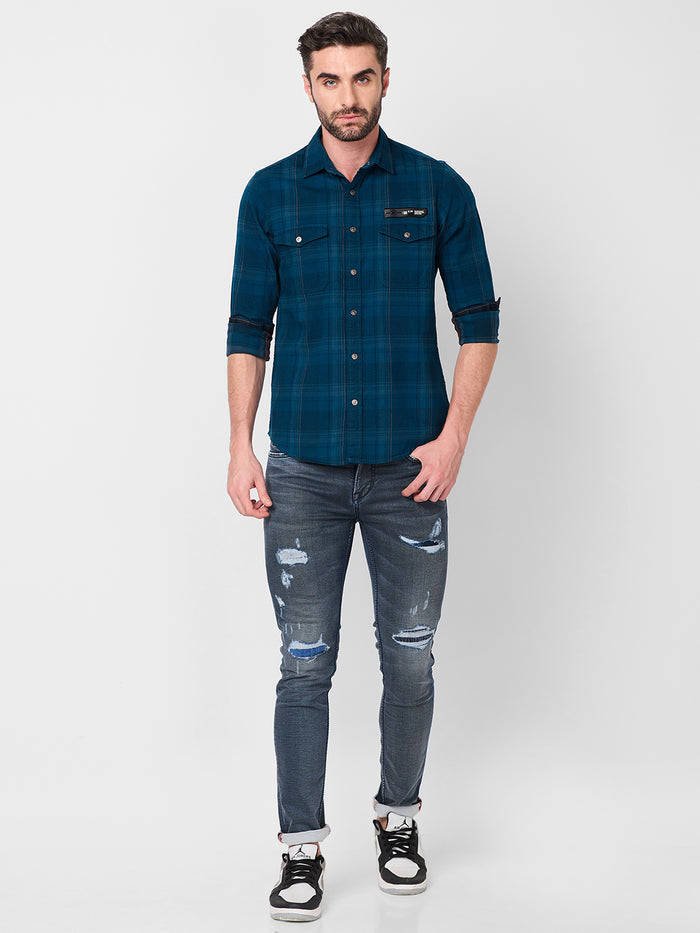 Full Sleeves Slim Fit Petrol Blue Brushing Cord Double Pocket Checks Shirt