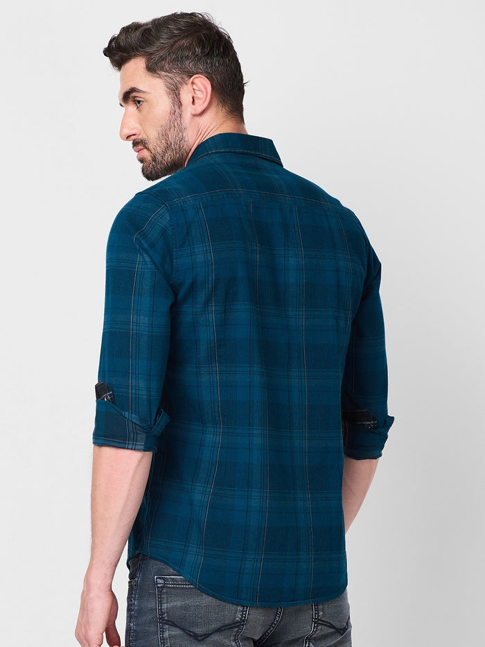 Full Sleeves Slim Fit Petrol Blue Brushing Cord Double Pocket Checks Shirt