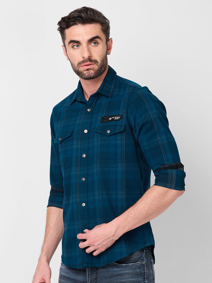 Full Sleeves Slim Fit Petrol Blue Brushing Cord Double Pocket Checks Shirt