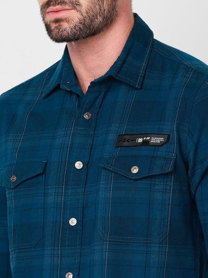 Full Sleeves Slim Fit Petrol Blue Brushing Cord Double Pocket Checks Shirt