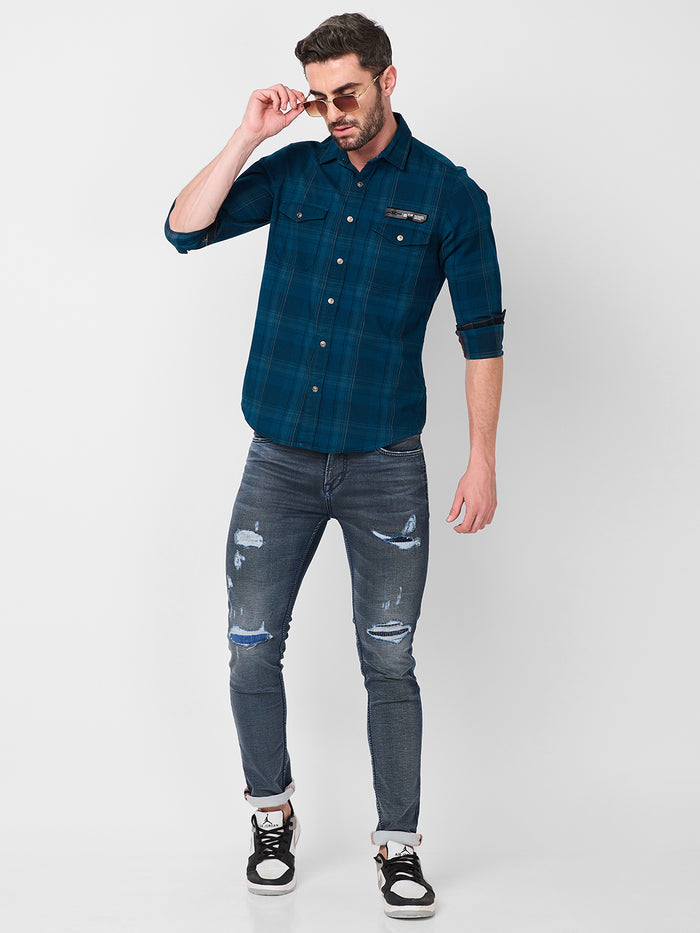 Full Sleeves Slim Fit Petrol Blue Brushing Cord Double Pocket Checks Shirt