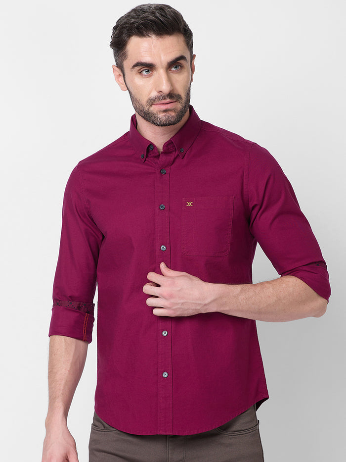 Full Sleeves Slim Fit Plum Button-Down Oxford Solid Shirt