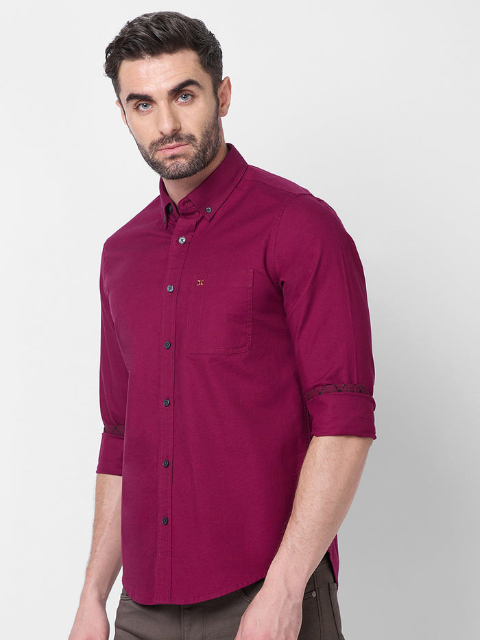 Full Sleeves Slim Fit Plum Button-Down Oxford Solid Shirt