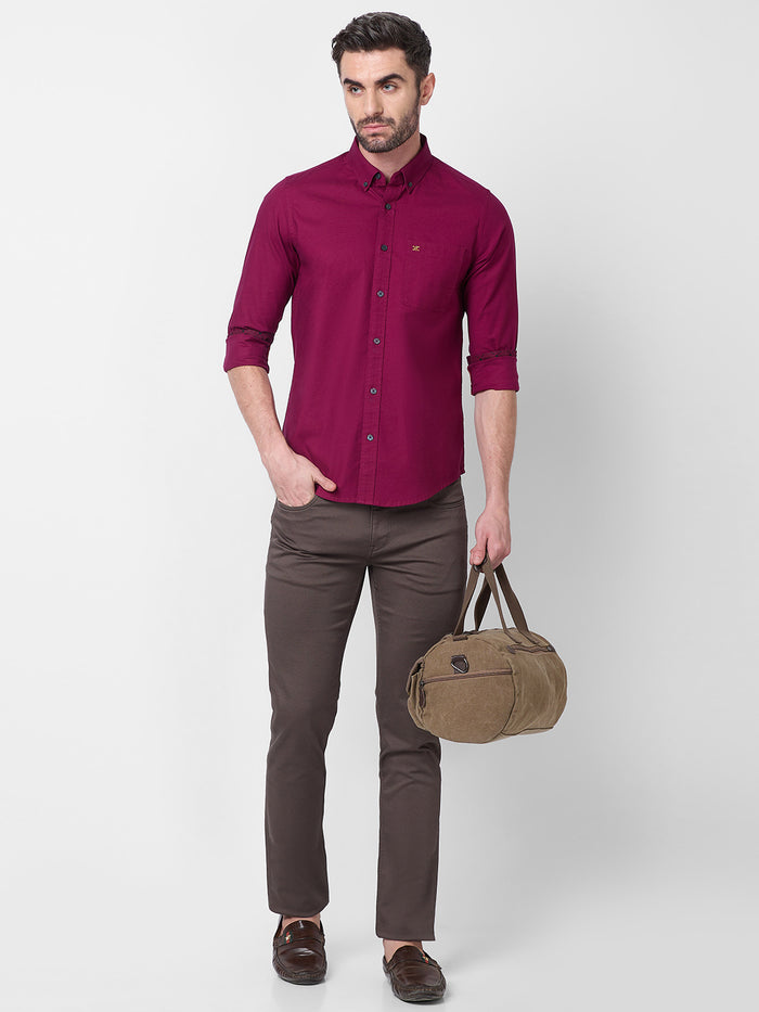 Full Sleeves Slim Fit Plum Button-Down Oxford Solid Shirt