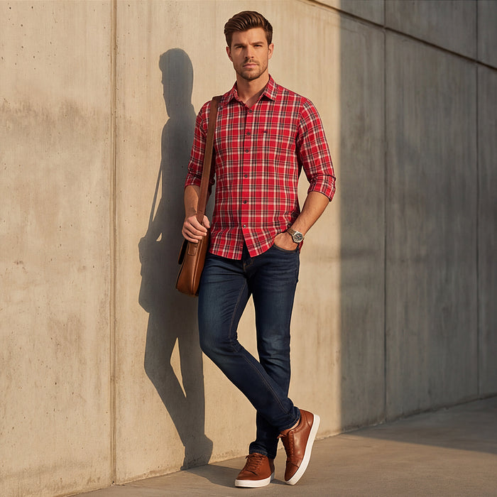 Full sleeves Slim Fit Red  Checks Shirt