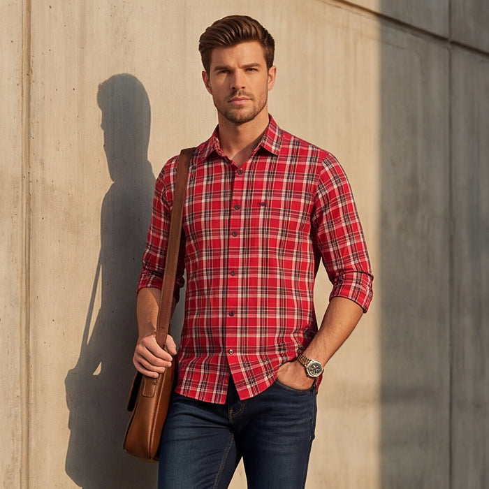 Full sleeves Slim Fit Red  Checks Shirt