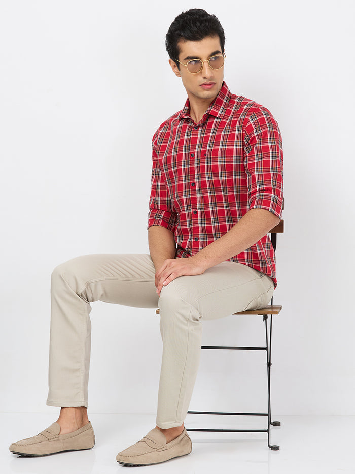 Full sleeves Slim Fit Red  Checks Shirt