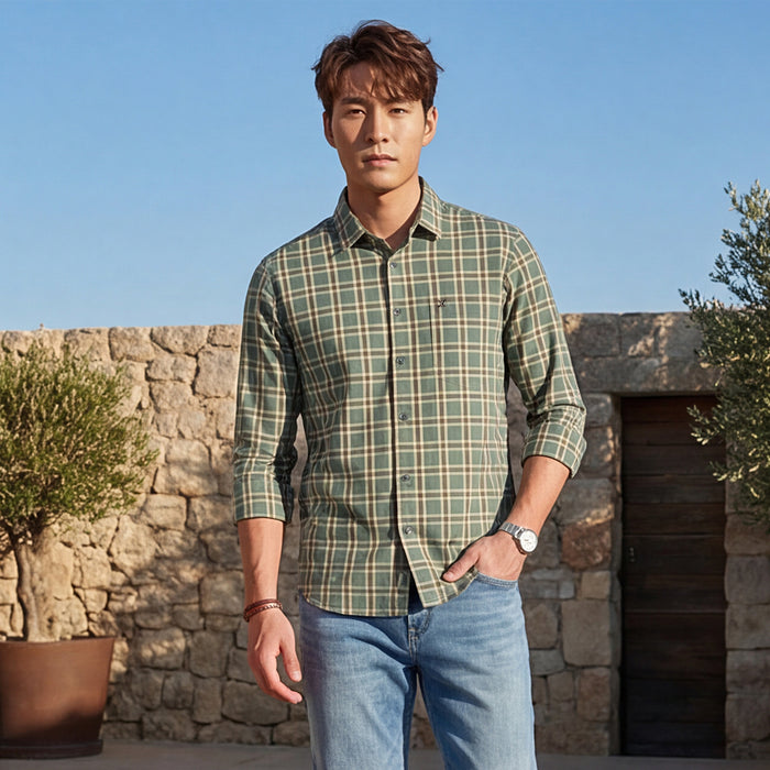 Full Sleeves Slim Fit Sage Green Checks Shirt