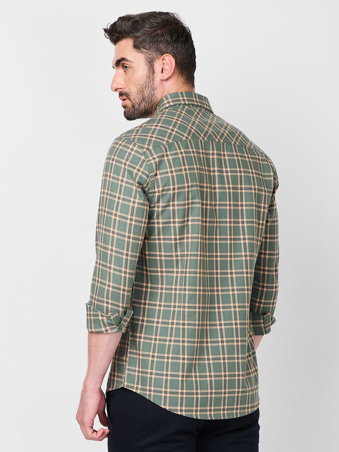Full Sleeves Slim Fit Sage Green Checks Shirt