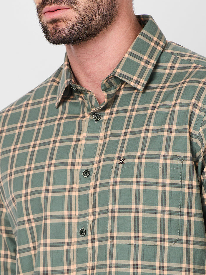 Full Sleeves Slim Fit Sage Green Checks Shirt