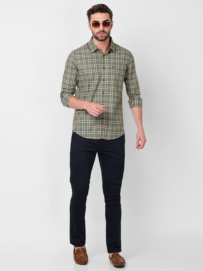 Full Sleeves Slim Fit Sage Green Checks Shirt