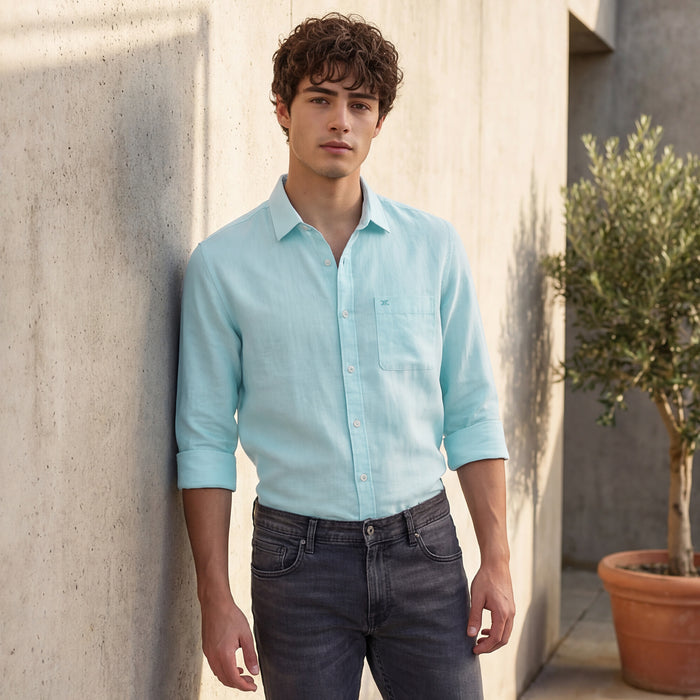 Full Sleeves Slim Fit Sea Blue Solid Oxford Shirt