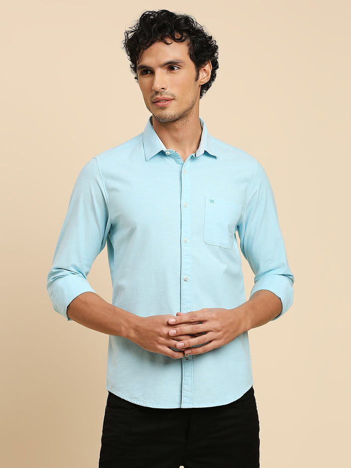 Full Sleeves Slim Fit Sea Blue Solid Oxford Shirt