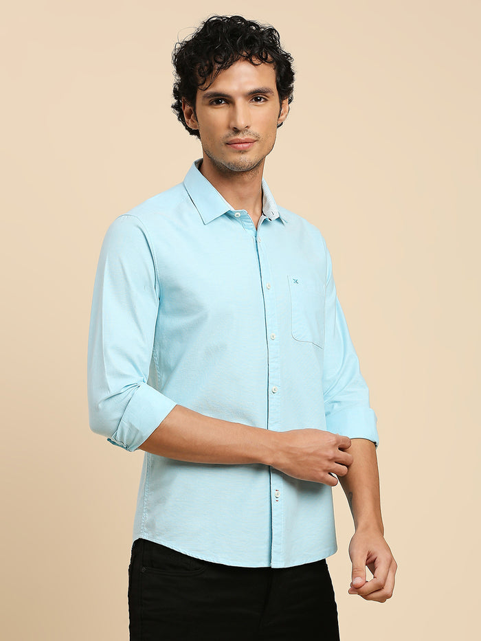 Full Sleeves Slim Fit Sea Blue Solid Oxford Shirt