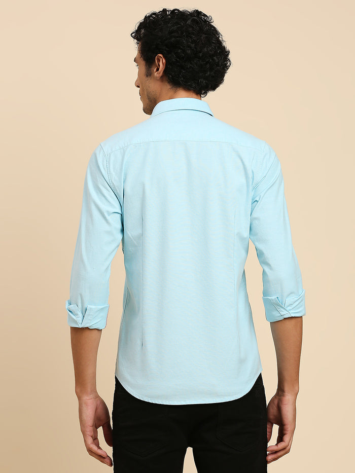 Full Sleeves Slim Fit Sea Blue Solid Oxford Shirt
