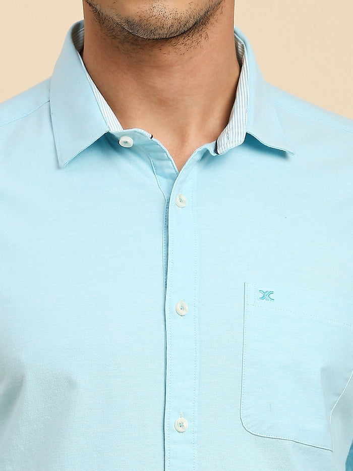 Full Sleeves Slim Fit Sea Blue Solid Oxford Shirt