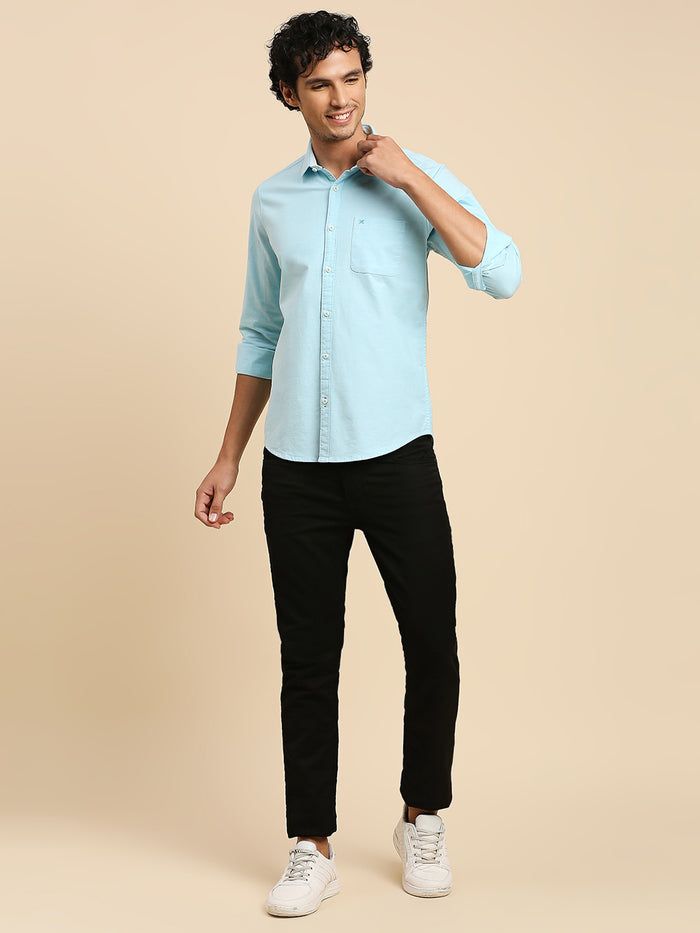 Full Sleeves Slim Fit Sea Blue Solid Oxford Shirt