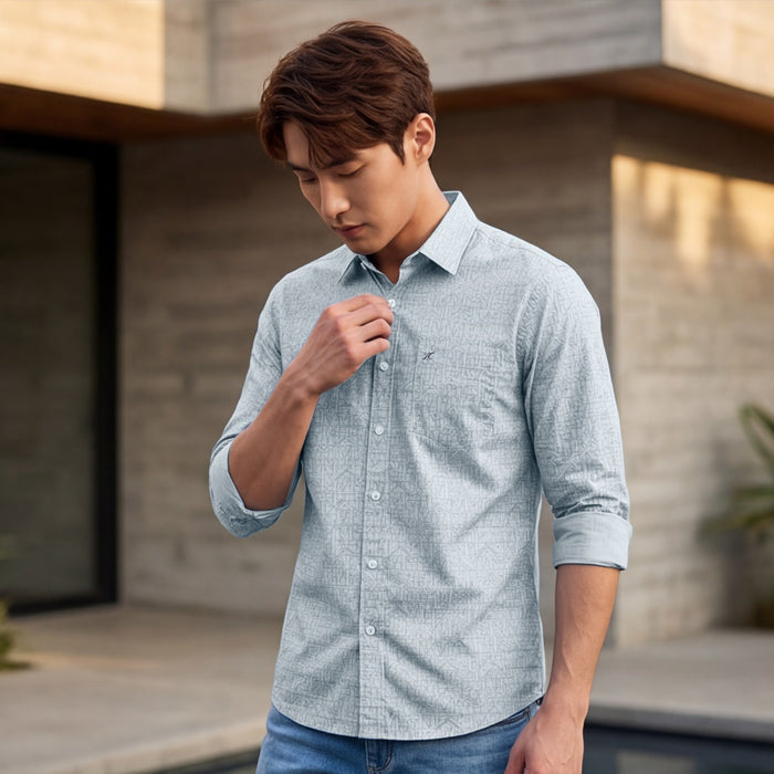 Full sleeves Slim Fit Sky Blue all over Tonal Geometric Print Shirt