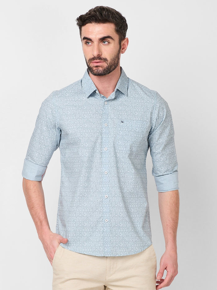 Full sleeves Slim Fit Sky Blue all over Tonal Geometric Print Shirt