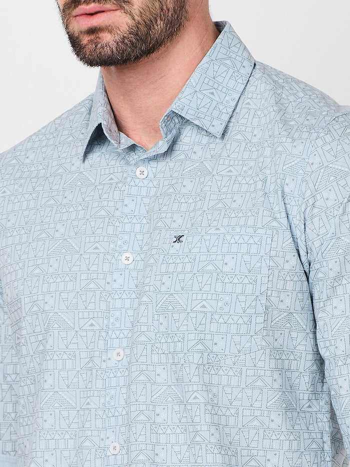 Full sleeves Slim Fit Sky Blue all over Tonal Geometric Print Shirt