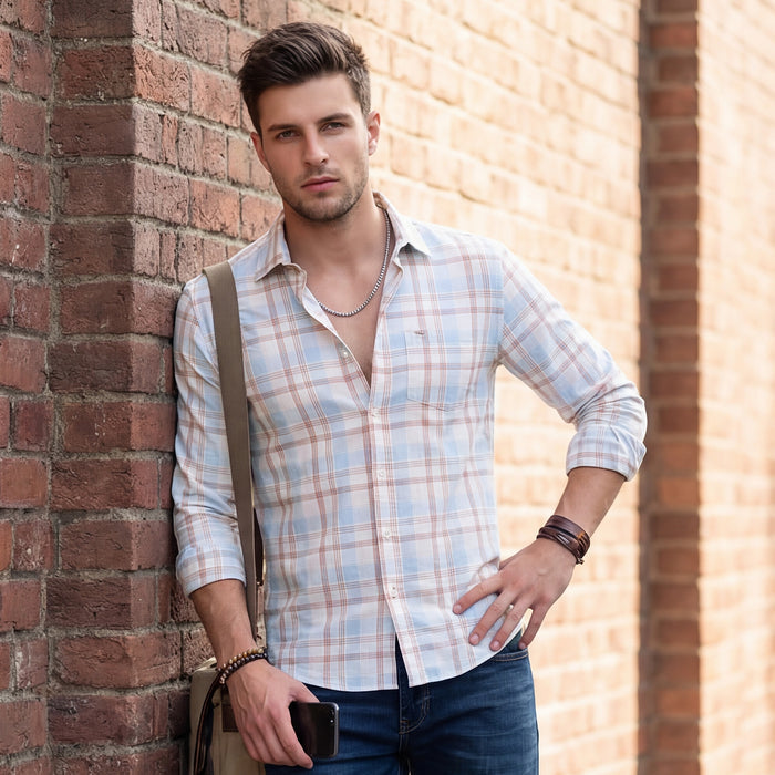 Full Sleeves Slim Fit Sky Dobby Structured Checks Shirt