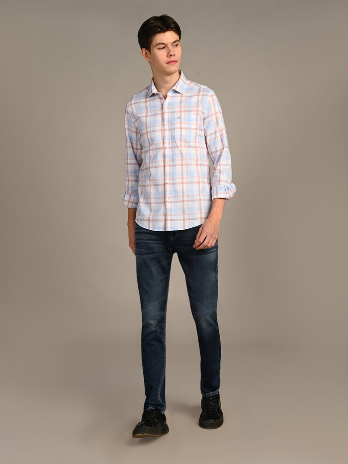 Full Sleeves Slim Fit Sky Dobby Structured Checks Shirt