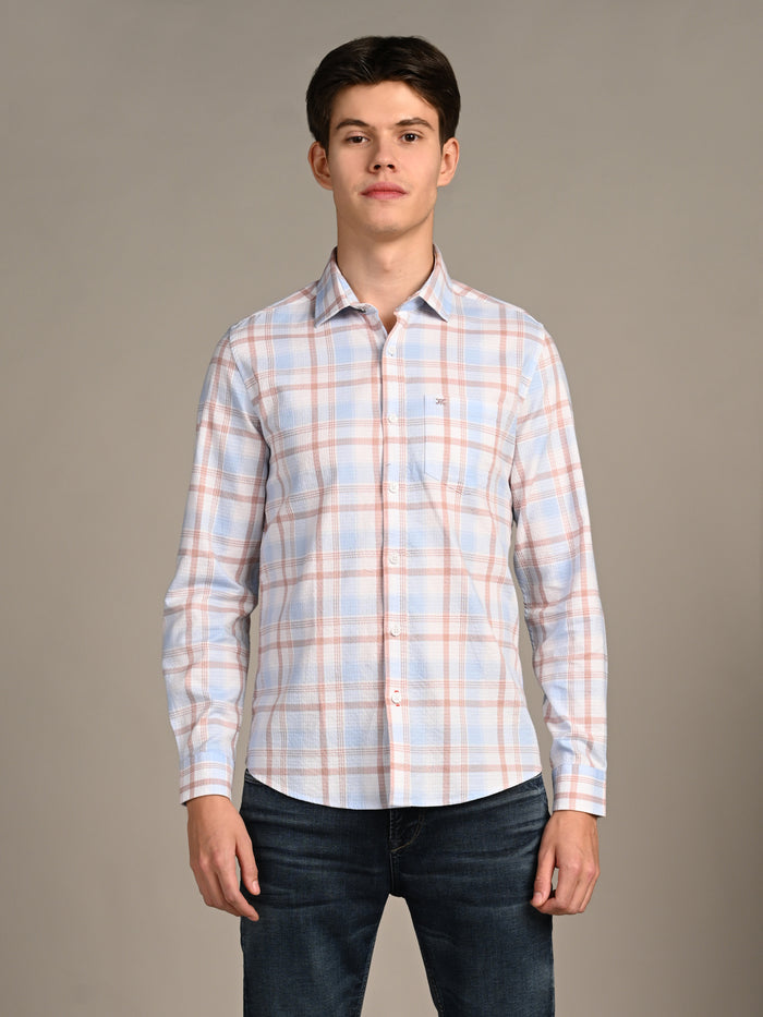 Full Sleeves Slim Fit Sky Dobby Structured Checks Shirt