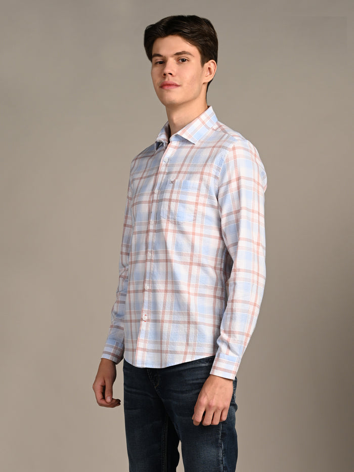 Full Sleeves Slim Fit Sky Dobby Structured Checks Shirt