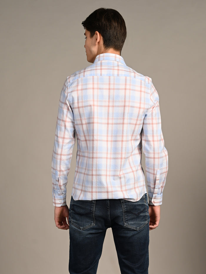 Full Sleeves Slim Fit Sky Dobby Structured Checks Shirt