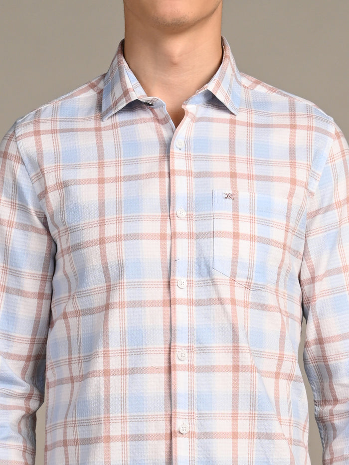 Full Sleeves Slim Fit Sky Dobby Structured Checks Shirt