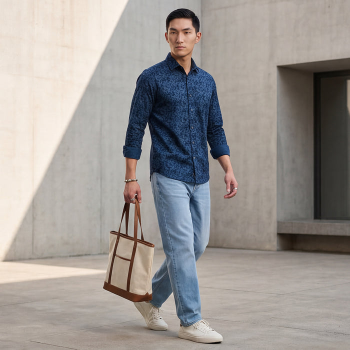 Full Sleeves Slim Fit Slate Blue All Over Textured Geometric Dobby Print Shirt