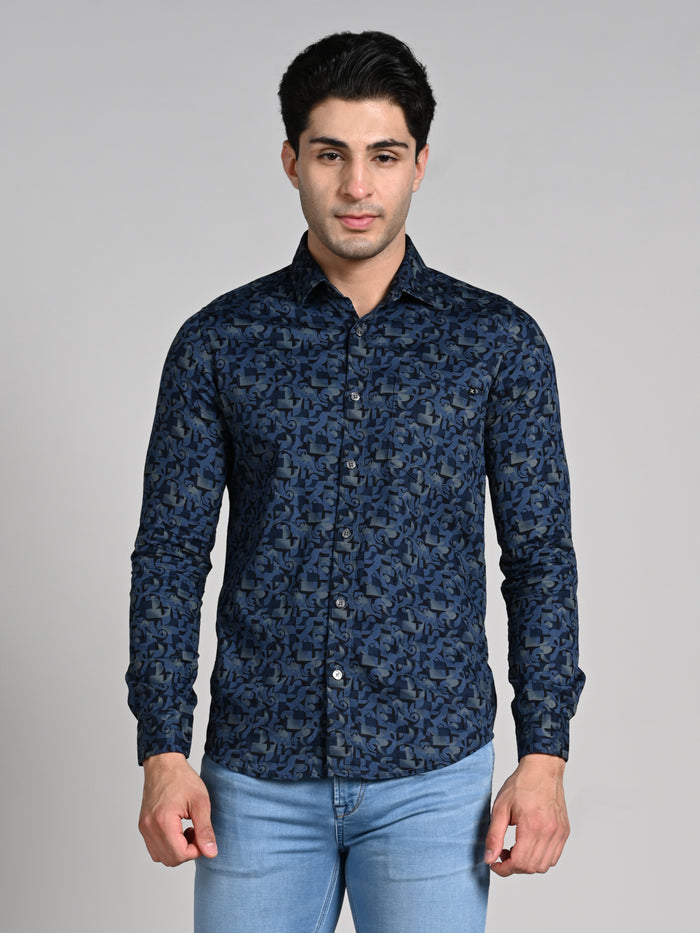Full Sleeves Slim Fit Slate Blue All Over Textured Geometric Dobby Print Shirt
