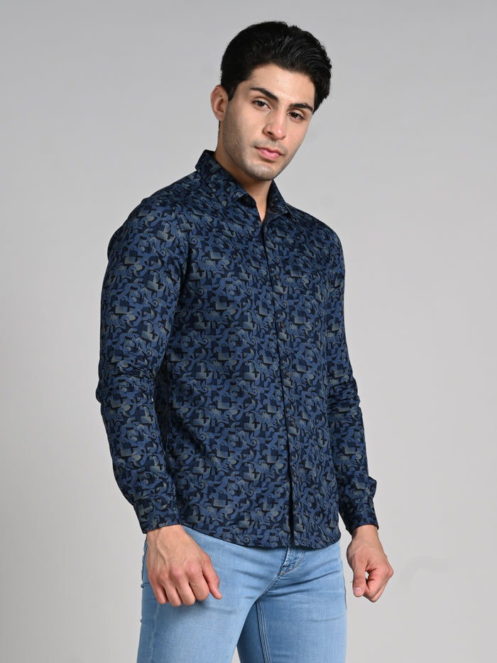 Full Sleeves Slim Fit Slate Blue All Over Textured Geometric Dobby Print Shirt
