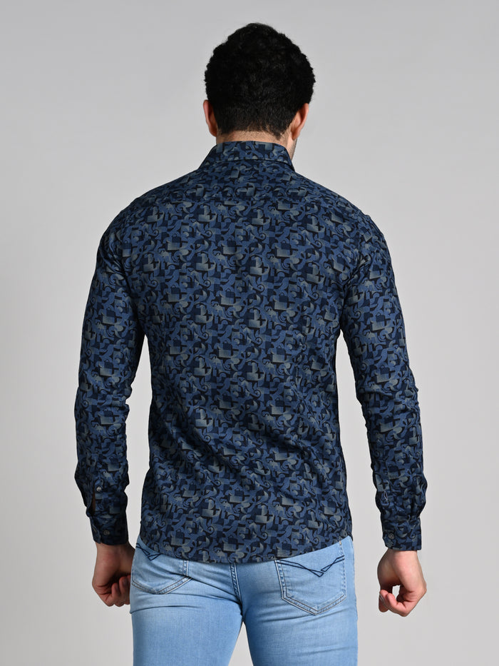 Full Sleeves Slim Fit Slate Blue All Over Textured Geometric Dobby Print Shirt