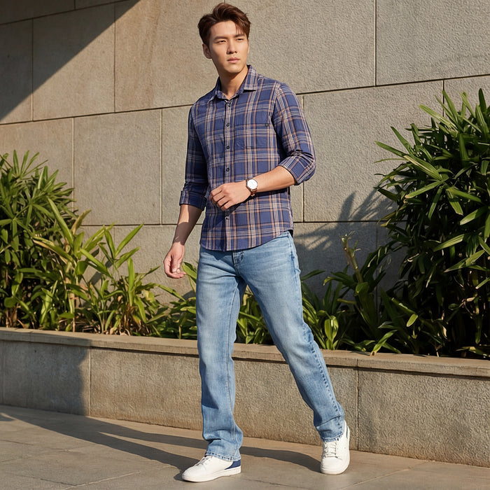 Full Sleeves Slim Fit Slate Blue Cavalry Checks Shirt