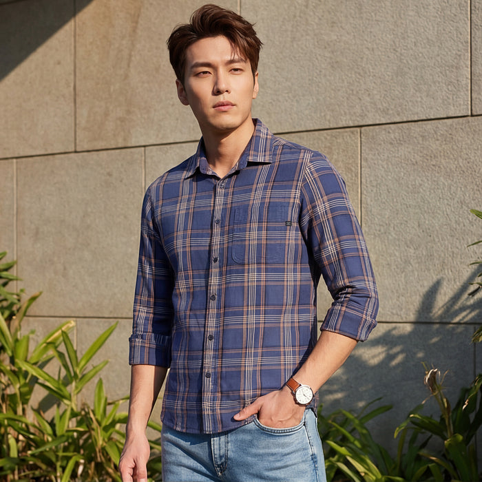 Full Sleeves Slim Fit Slate Blue Cavalry Checks Shirt