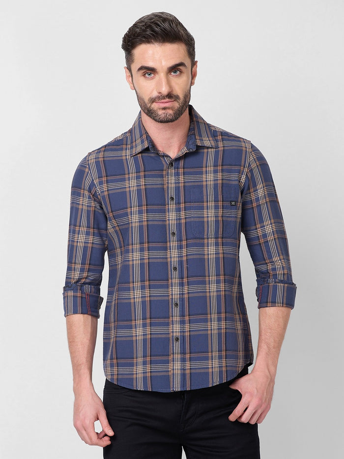 Full Sleeves Slim Fit Slate Blue Cavalry Checks Shirt