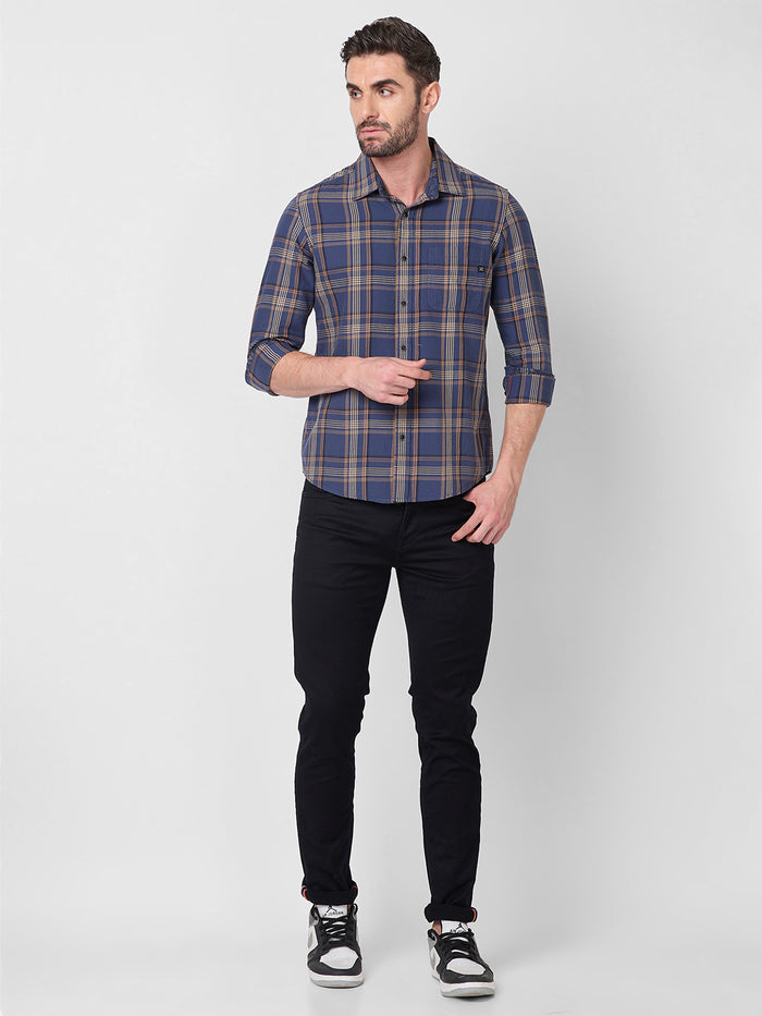 Full Sleeves Slim Fit Slate Blue Cavalry Checks Shirt