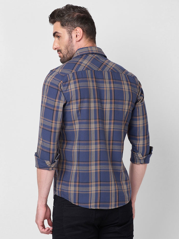 Full Sleeves Slim Fit Slate Blue Cavalry Checks Shirt