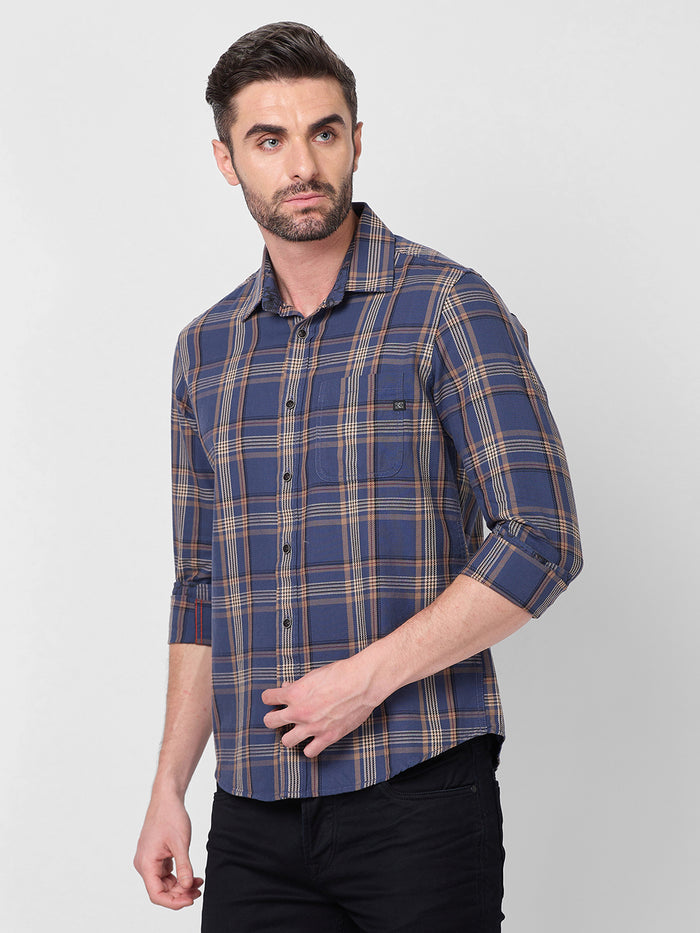 Full Sleeves Slim Fit Slate Blue Cavalry Checks Shirt