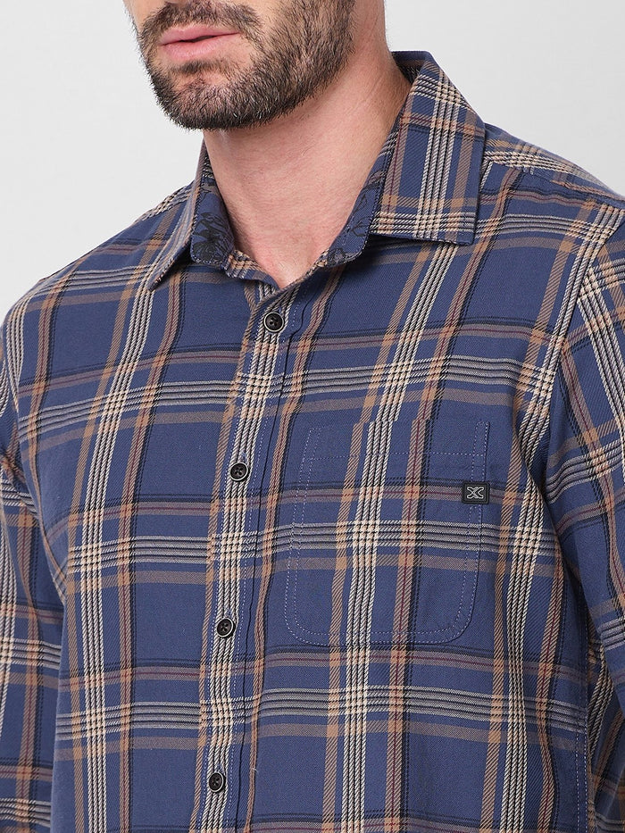 Full Sleeves Slim Fit Slate Blue Cavalry Checks Shirt