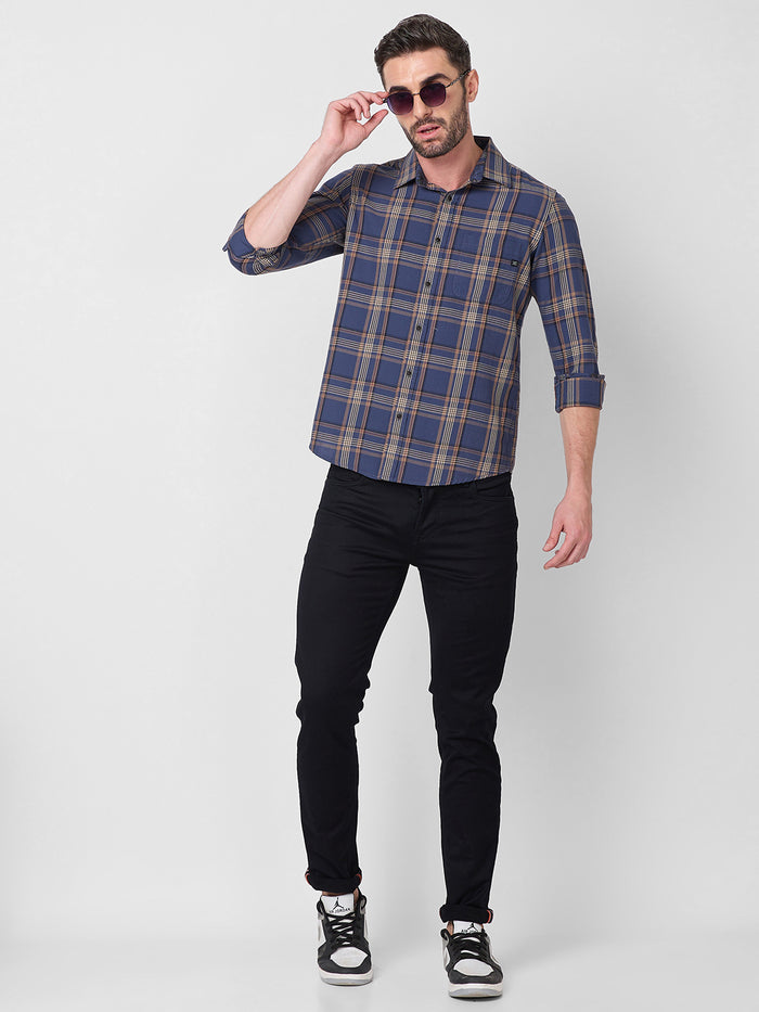 Full Sleeves Slim Fit Slate Blue Cavalry Checks Shirt
