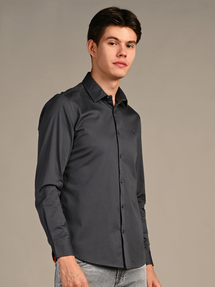 Full sleeves Slim Fit Slate Grey Premium Satin Solid Shirt