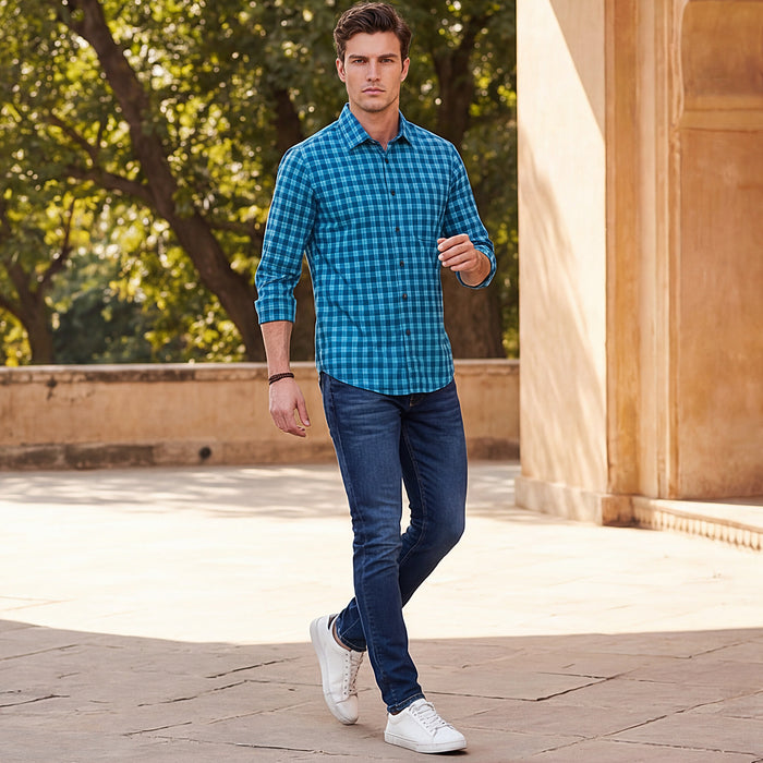 Full Sleeves Slim Fit Teal Blue Small Checks Shirt