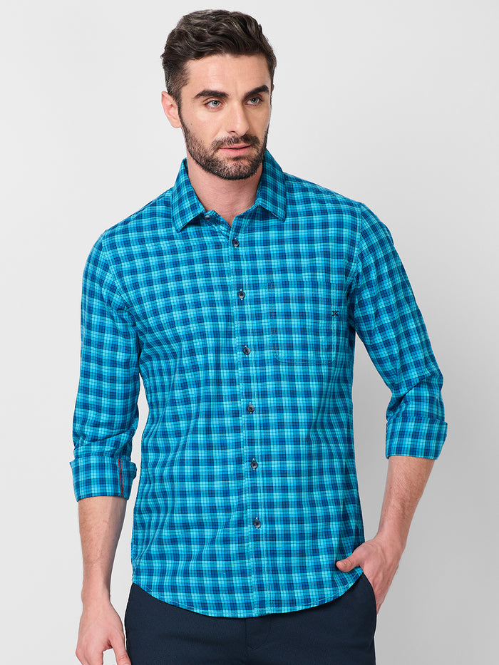 Full Sleeves Slim Fit Teal Blue Small Checks Shirt