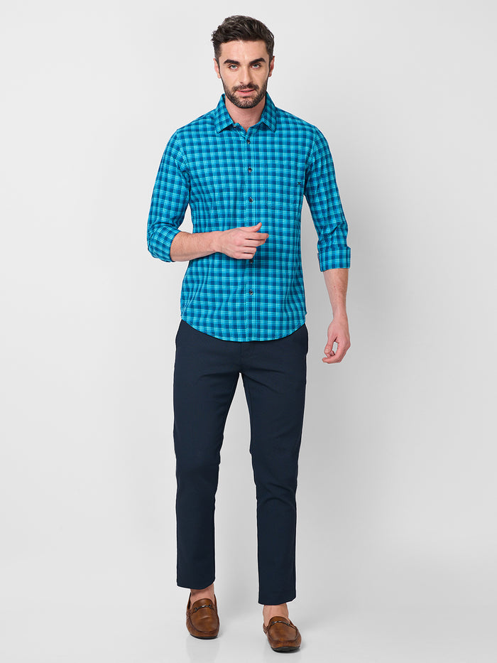 Full Sleeves Slim Fit Teal Blue Small Checks Shirt