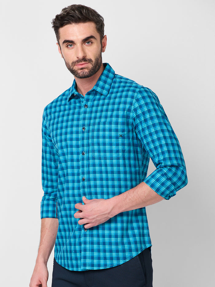 Full Sleeves Slim Fit Teal Blue Small Checks Shirt